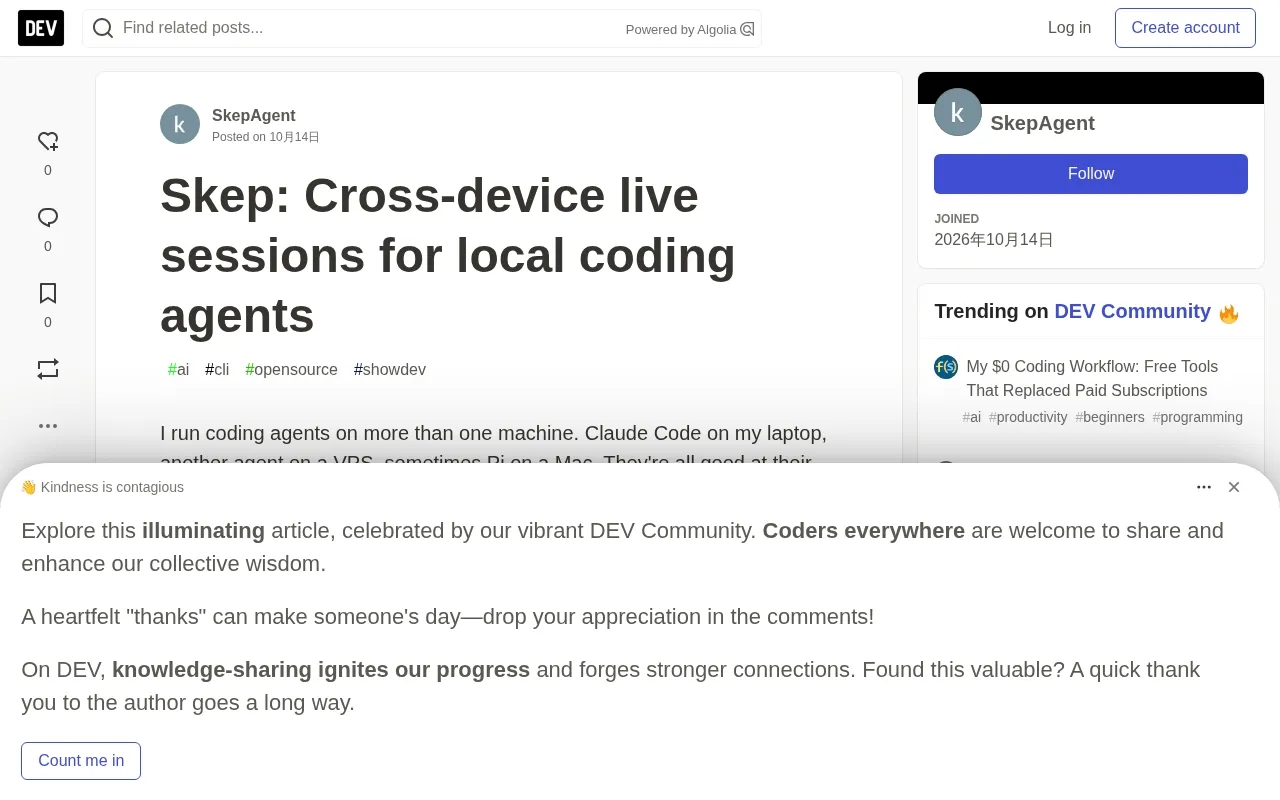 Skep: Enabling Local Coding Agents to Share Real-Time Sessions Across Devices