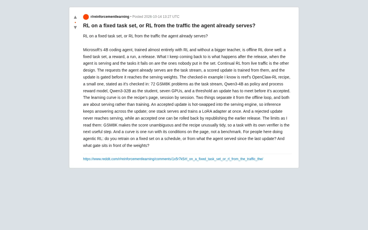 Fixed-Task-Set RL vs. Continuous Online-Traffic RL: The Battle Over Agent Training Approaches