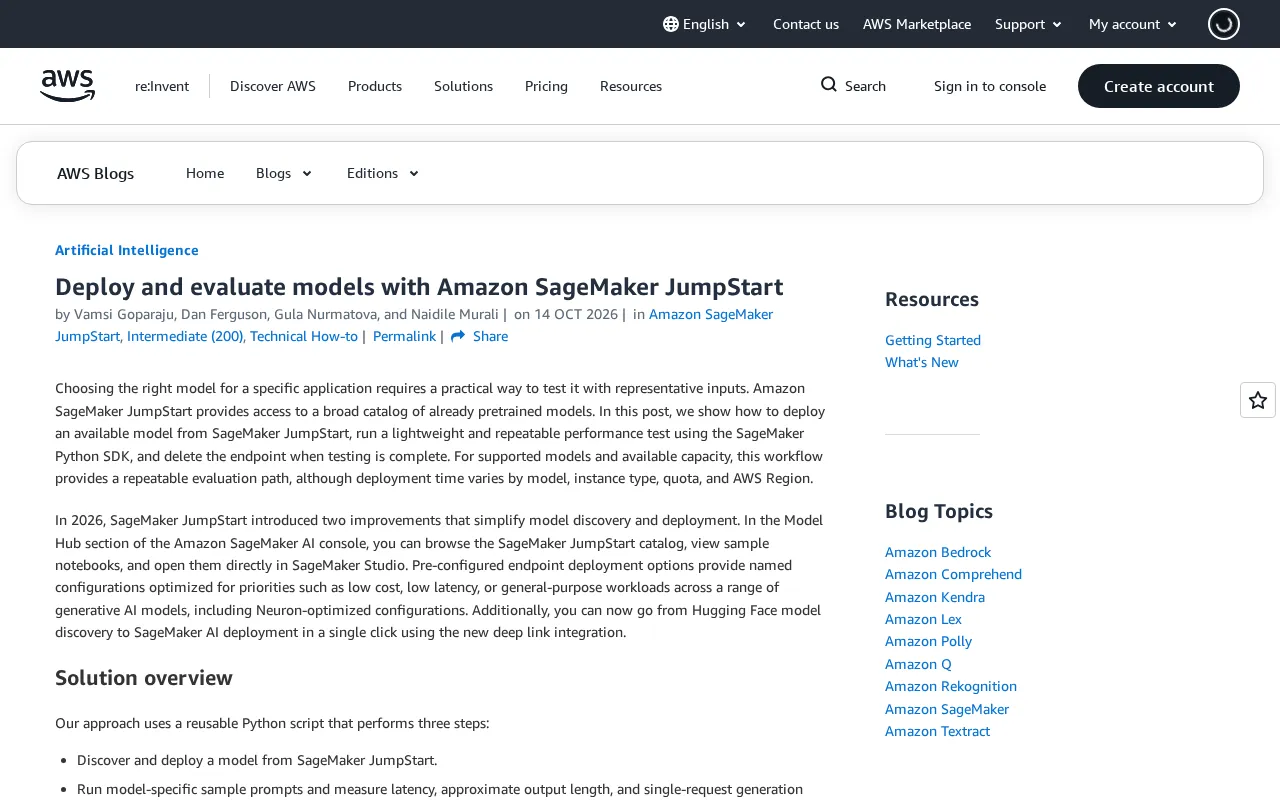 Hands-On with Amazon SageMaker JumpStart: Model Deployment and Evaluation