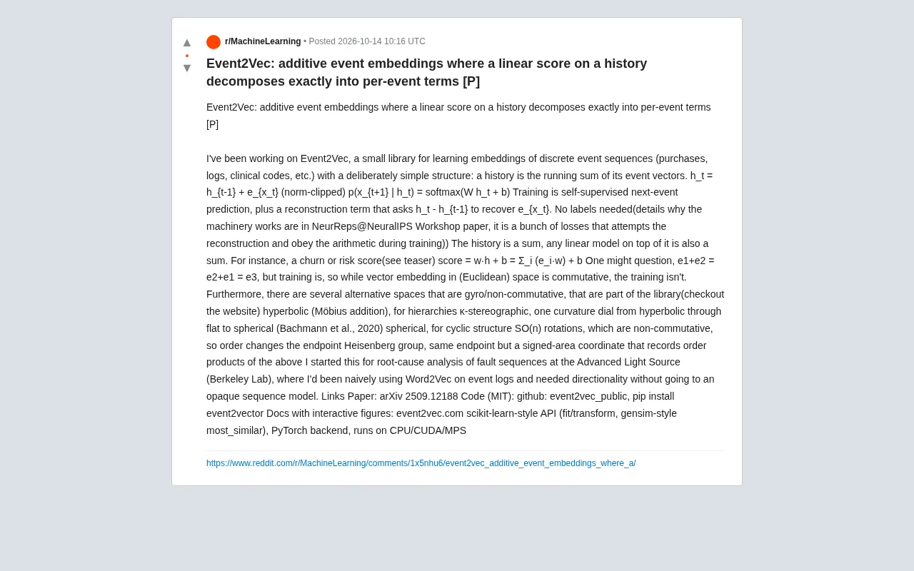 Event2Vec: A New Event Embedding Method for Fully Decomposable Sequence Scoring
