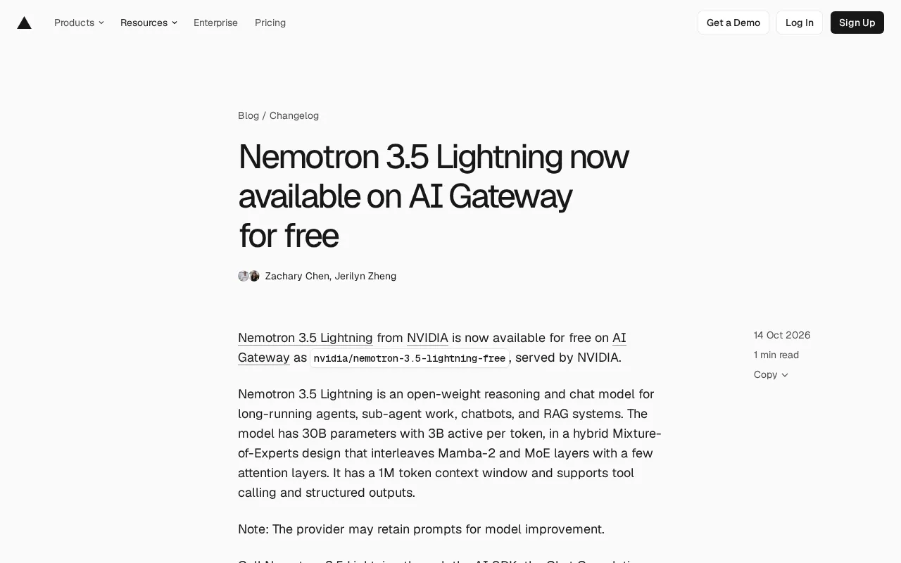 Nvidia Nemotron 3.5 Lightning Launches Free on AI Gateway
