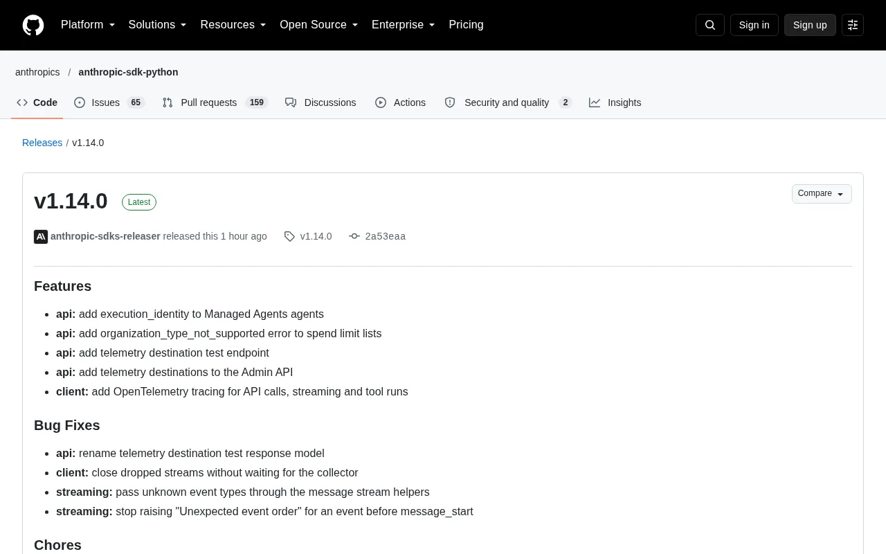 Anthropic SDK v1.14.0 release log