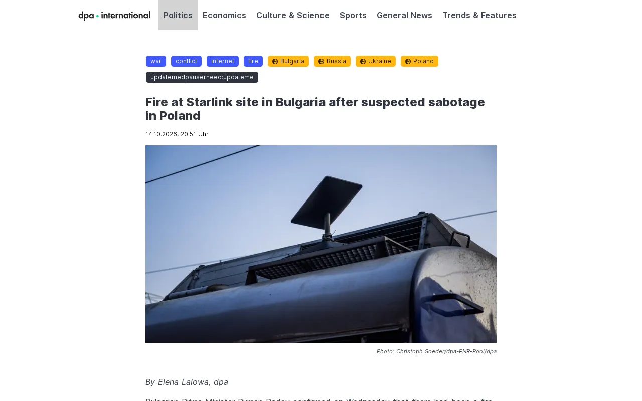 Fire at Starlink Site in Bulgaria After Suspected Sabotage in Poland