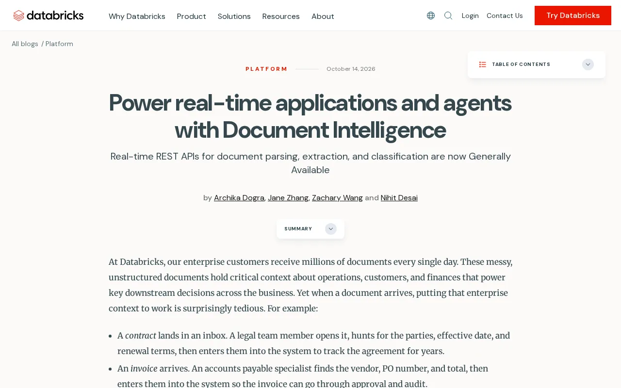 Databricks Document Intelligence: Powering Real-Time Applications and AI Agents