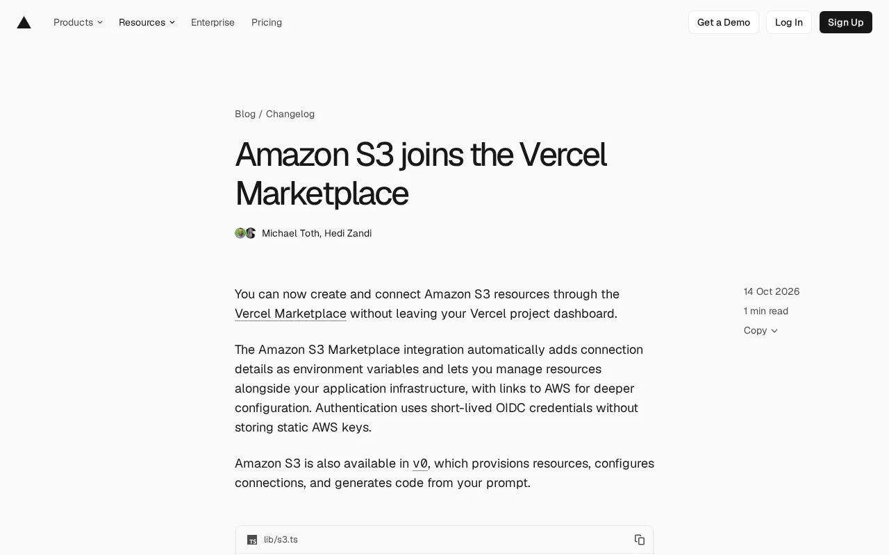Amazon S3 Officially Launches on the Vercel Marketplace