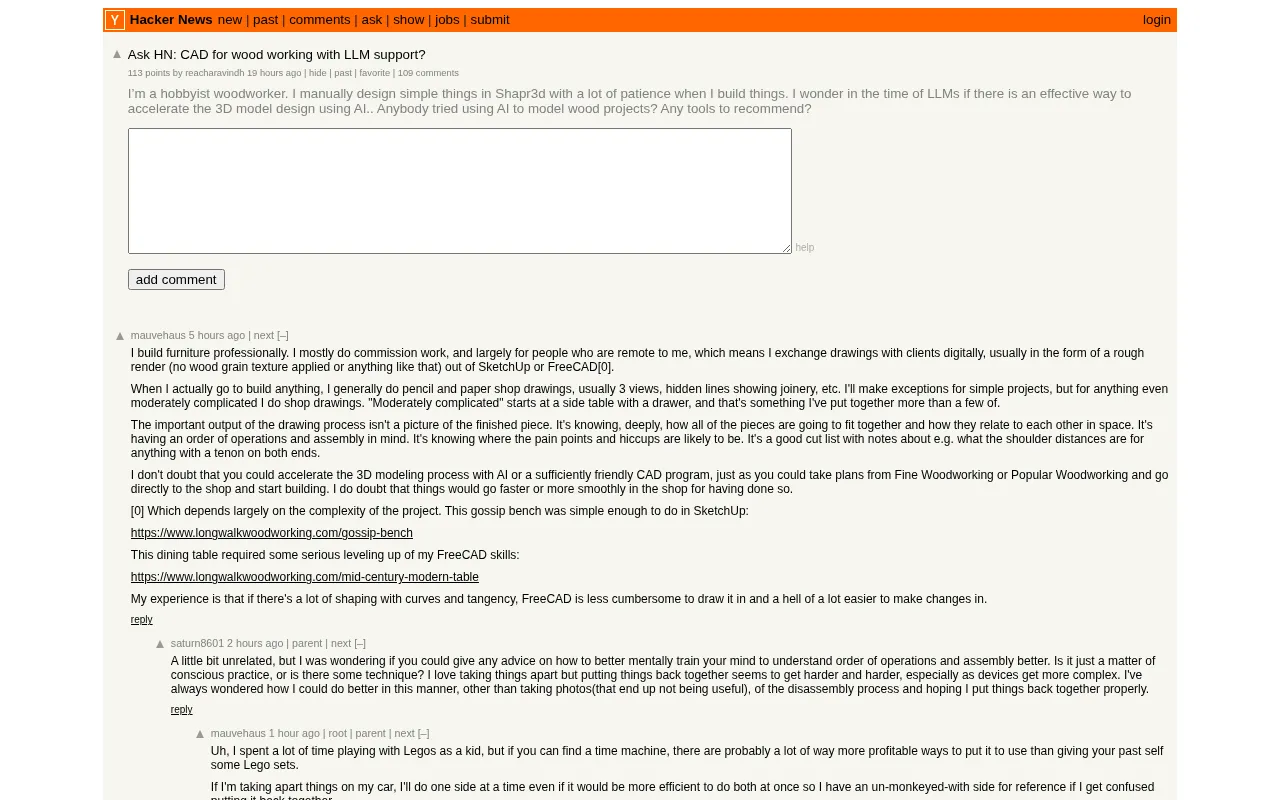 Woodworking CAD Meets LLM: A New Direction for Smart Design Sparking Debate on Hacker News