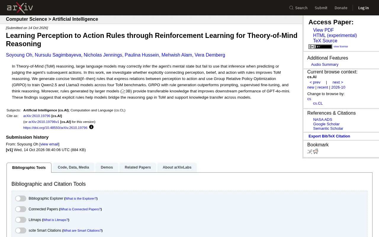 Reinforcement Learning Teaches LLMs Theory-of-Mind Reasoning: Rule Learning from Perception to Action