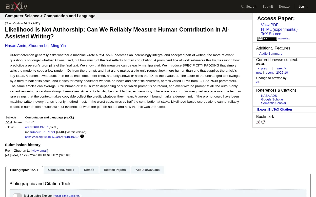 Can Human Contribution in AI Writing Be Measured? Likelihood Scoring Under Scrutiny