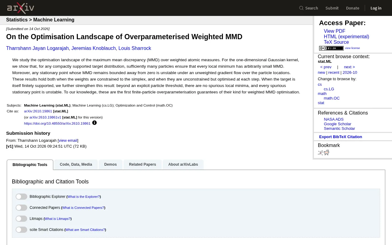 First Finite-Particle Guarantee for the Optimization Landscape of Overparameterized Weighted MMD