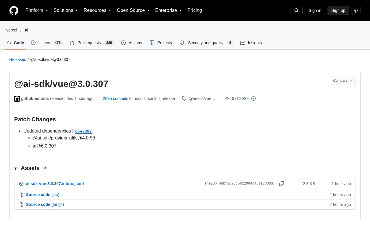 AI SDK Vue 3.0.307 Released: Dependency Updates and Version Evolution