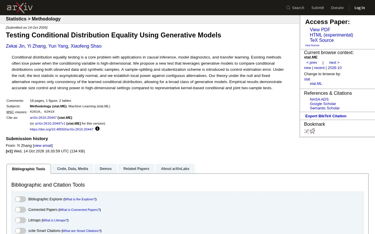 Testing Conditional Distribution Equality with Generative Models: A New Method for High-Dimensional Settings