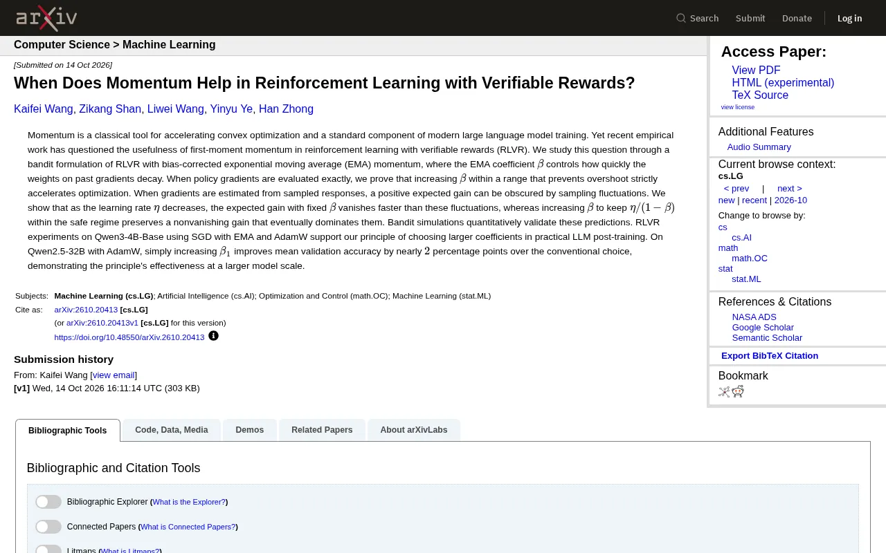 When Does Momentum Help in RLVR? Theory and Experiments Reveal Principles for Choosing the EMA Coefficient