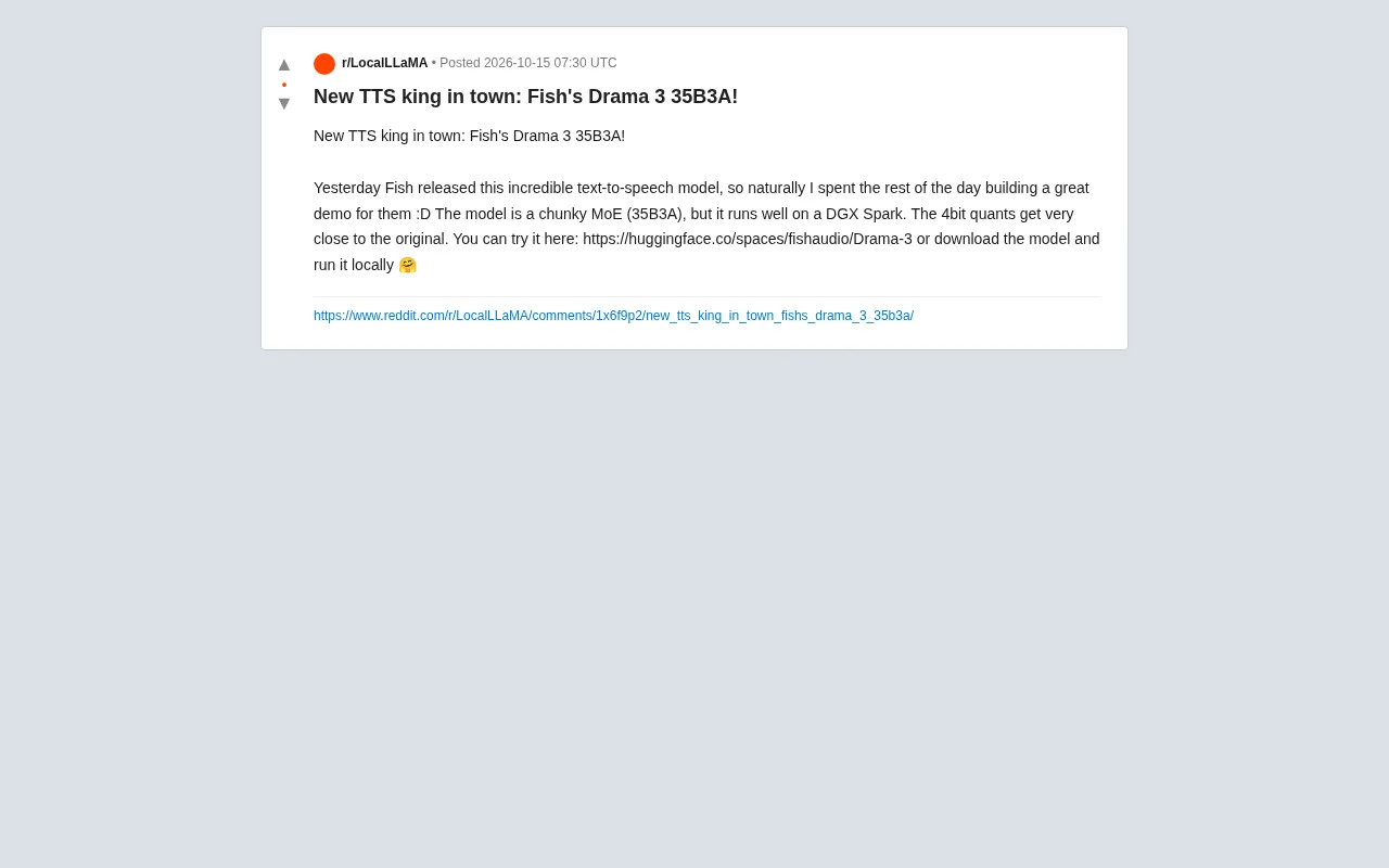 Fish Releases Drama 3: A 35B3A MoE Text-to-Speech Model That Tops the TTS Charts