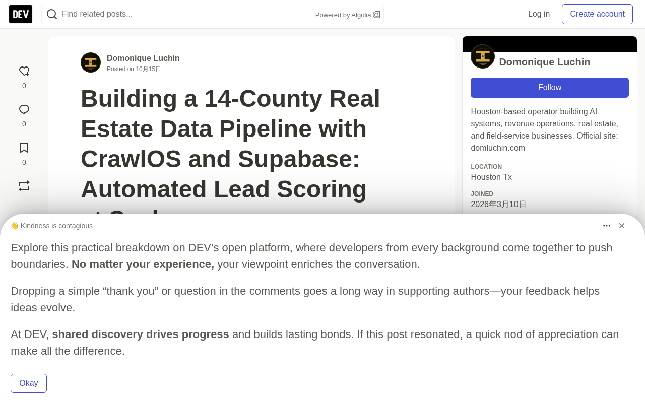 CrawlOS + Supabase: A 14-County Real Estate Data Pipeline with Automated Lead Scoring in Practice