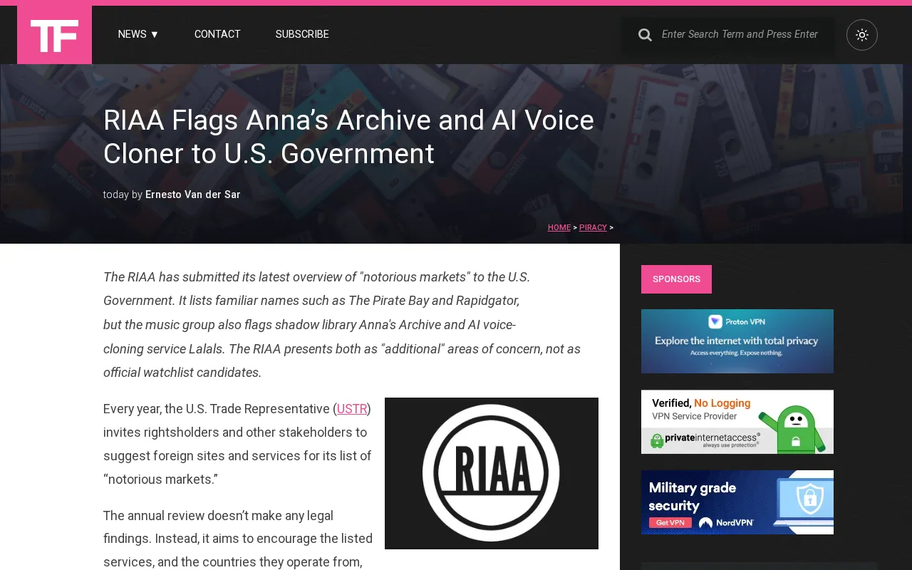 hackernews source: RIAA Flags Anna's Archive and AI Voice Cloner to U.S. Government