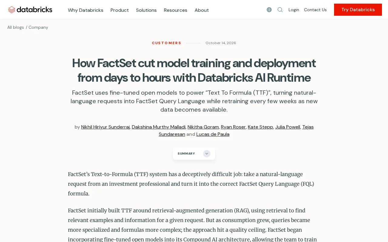 FactSet用Databricks AI Runtime把模型训练部署从数天压到小时级