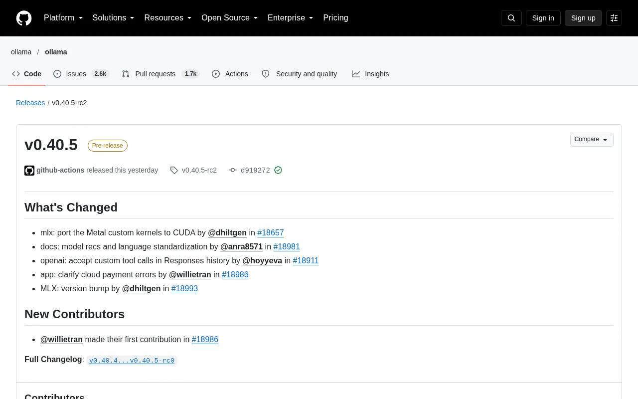 Ollama v0.40.5 Pre-release: MLX Metal Kernels Ported to CUDA, OpenAI Compatibility Upgraded