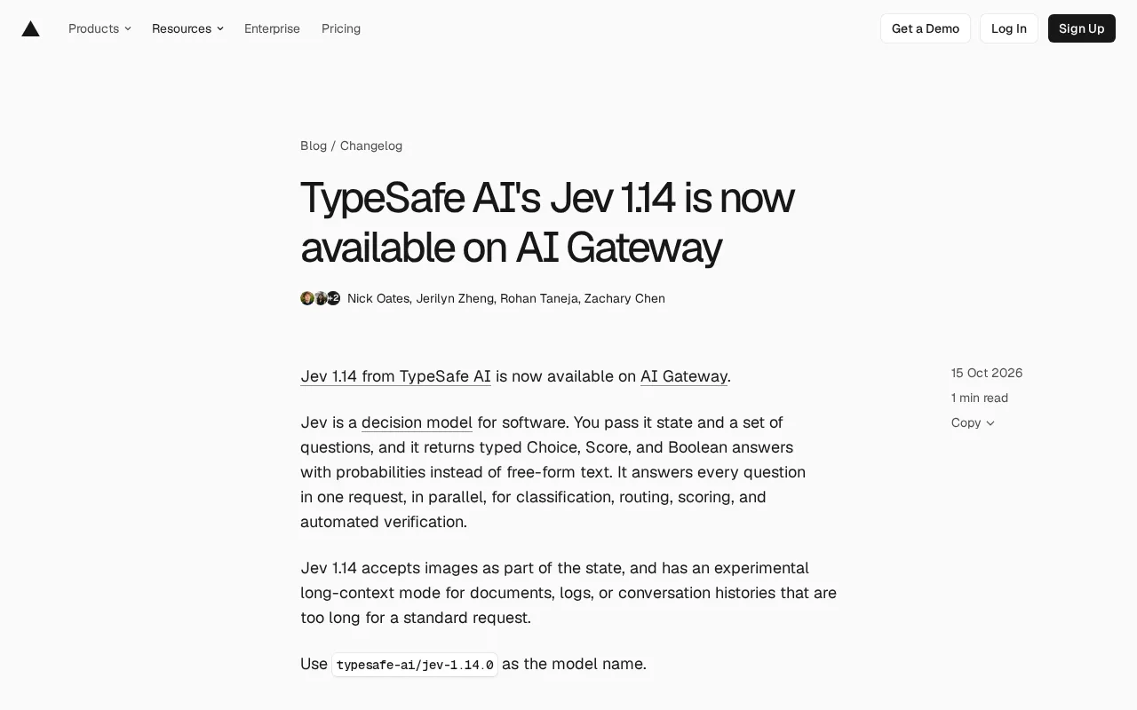 TypeSafe AI's Jev 1.14 is now available on AI Gateway