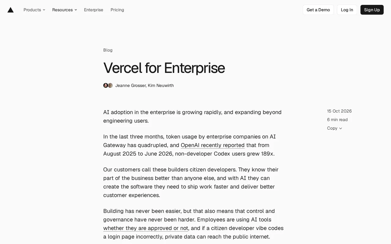 Vercel Enterprise AI Governance Platform: Safety Guardrails for Citizen Developers