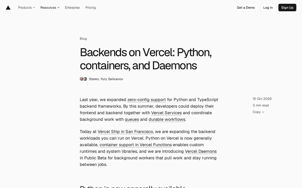 Vercel's New Backend Push: Python GA, Containers, and Daemons