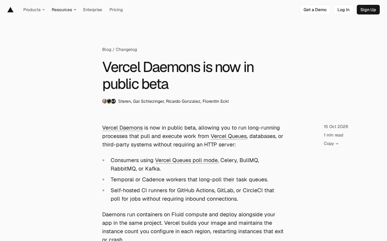 Vercel Daemons Public Beta: Run Background Processes Without an HTTP Server