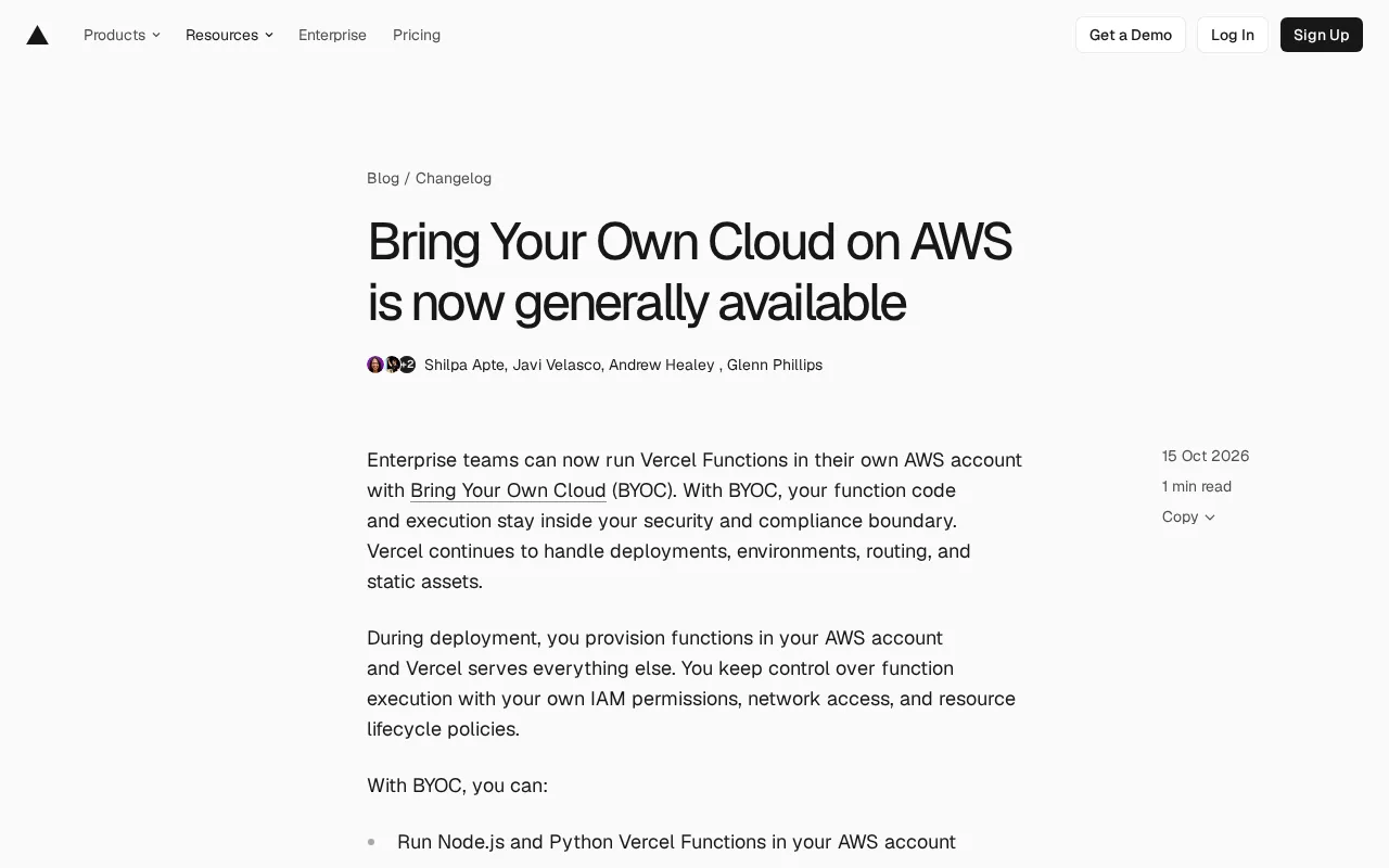 Vercel BYOC on AWS Is Now Generally Available: Functions Run in Your Own Cloud Account