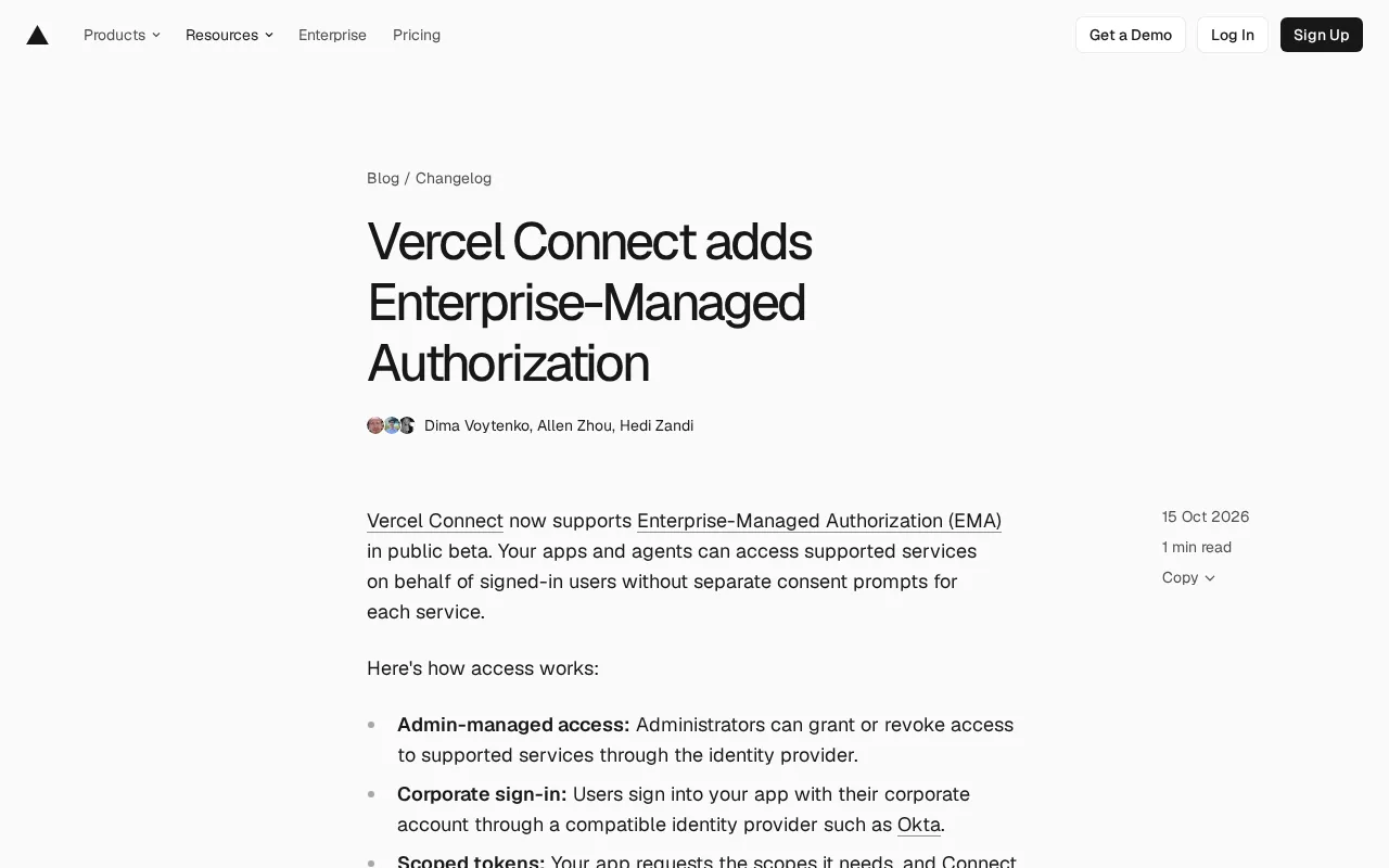 Vercel Connect Launches EMA: Enterprise Authorization Takes Over AI Agent Access Control