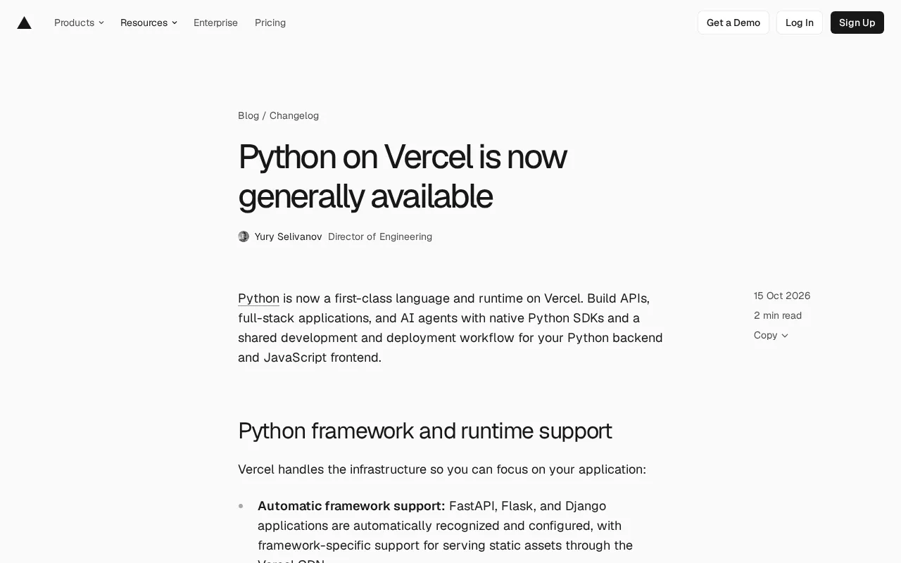 Vercel Officially Supports Python: A First-Class Citizen from Backend APIs to AI Agents