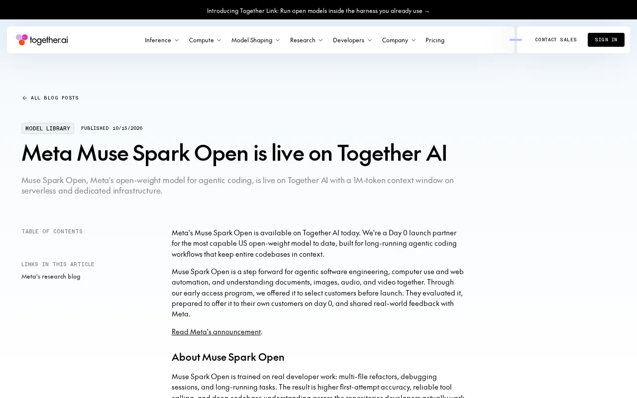 Meta Open-Sources Agent Coding Model Muse Spark, Now on Together AI with 1M Context