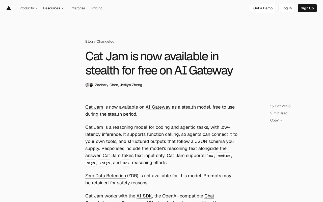 Cat Jam Stealth Model Lands on AI Gateway: A Free, Low-Latency Coding Assistant