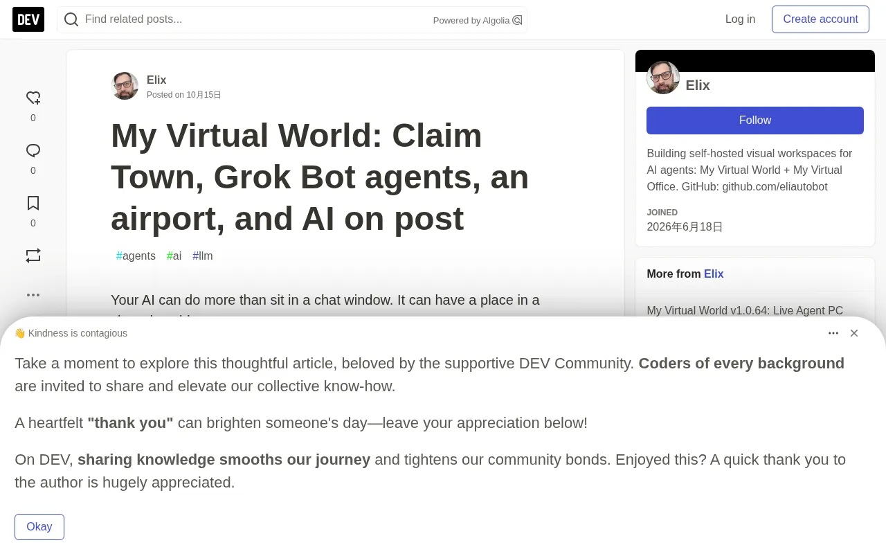 My Virtual World Update: AI Agents Move Into Virtual Towns, Airports, and Grok Bot