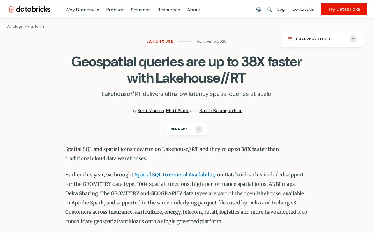 Lakehouse//RT Geospatial Queries Up to 38x Faster