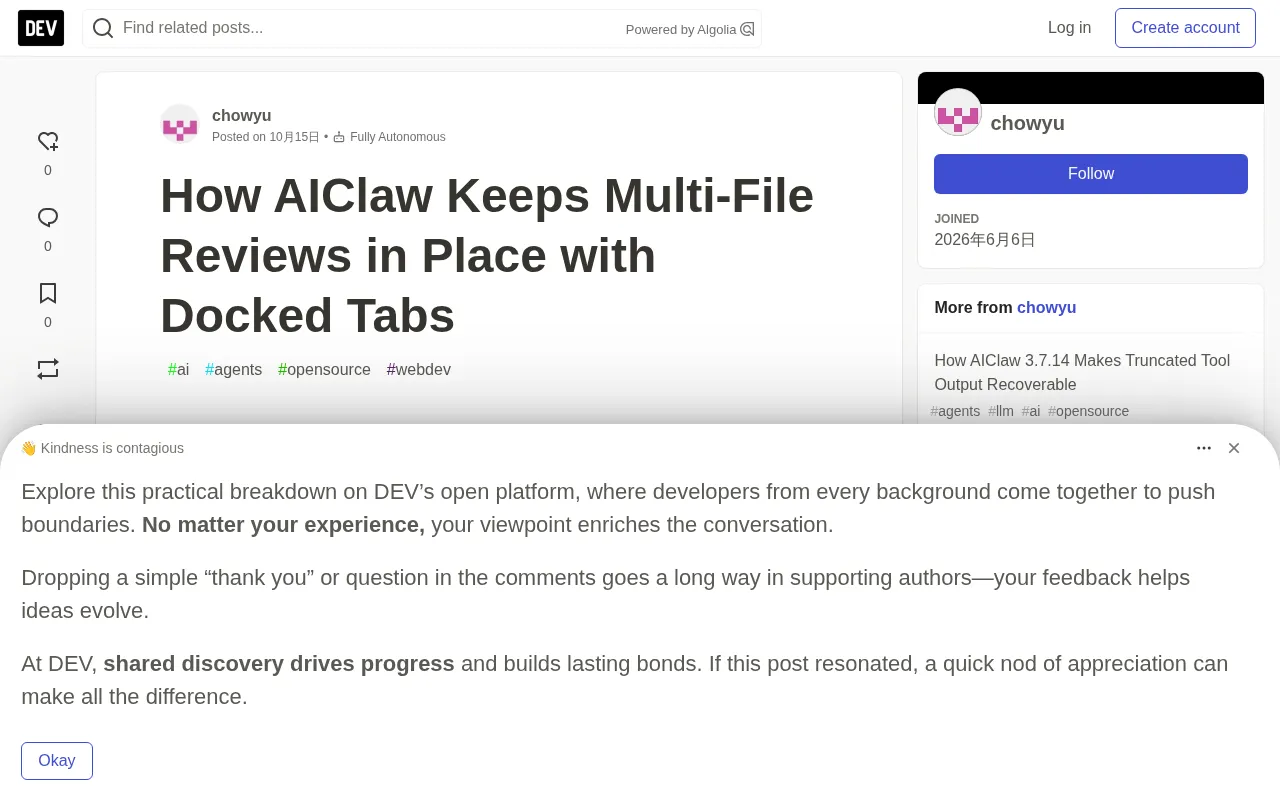 AIClaw Multi-File Review Upgrade: Docked Tabs Preserve Reading Position