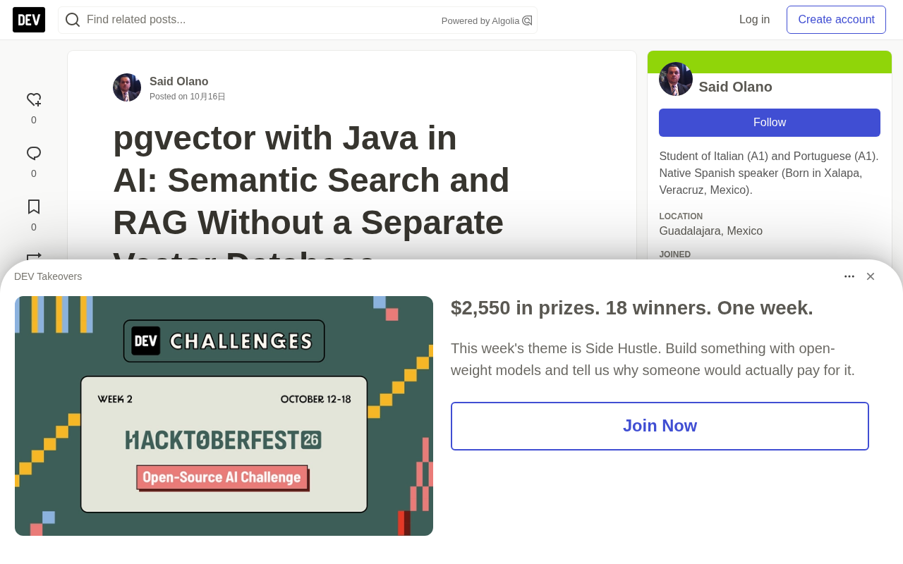 Building Semantic Search and RAG with pgvector + Java: No Separate Vector Store Needed