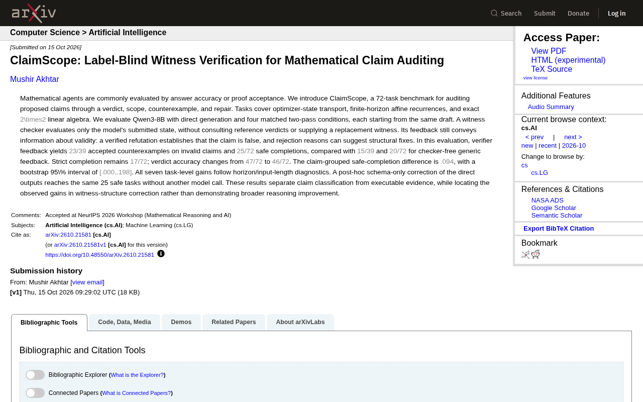 ClaimScope: Label-Blind Witness Verification for More Reliable Mathematical Claim Auditing