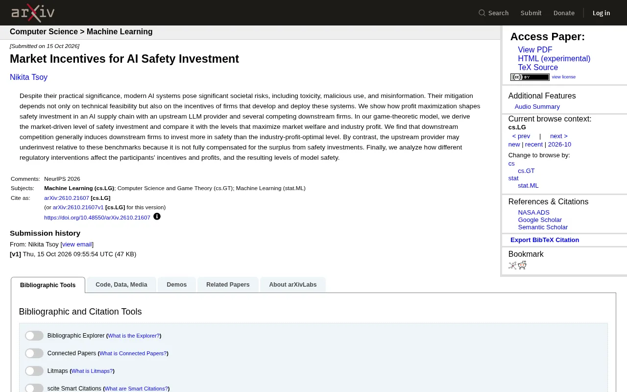 Market Incentives for AI Safety Investment: A Game-Theoretic Supply Chain Analysis