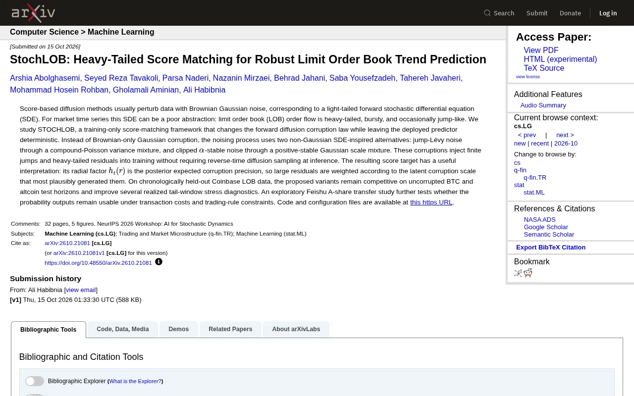 StochLOB: Heavy-Tailed Score Matching Improves the Robustness of Order Book Trend Prediction