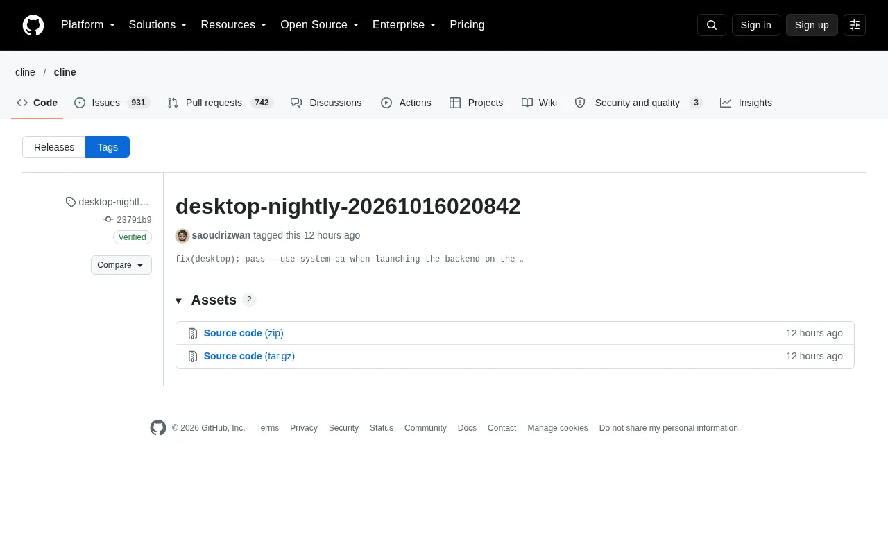 Cline Desktop Nightly Update: System Certificate Support Added on Backend Launch