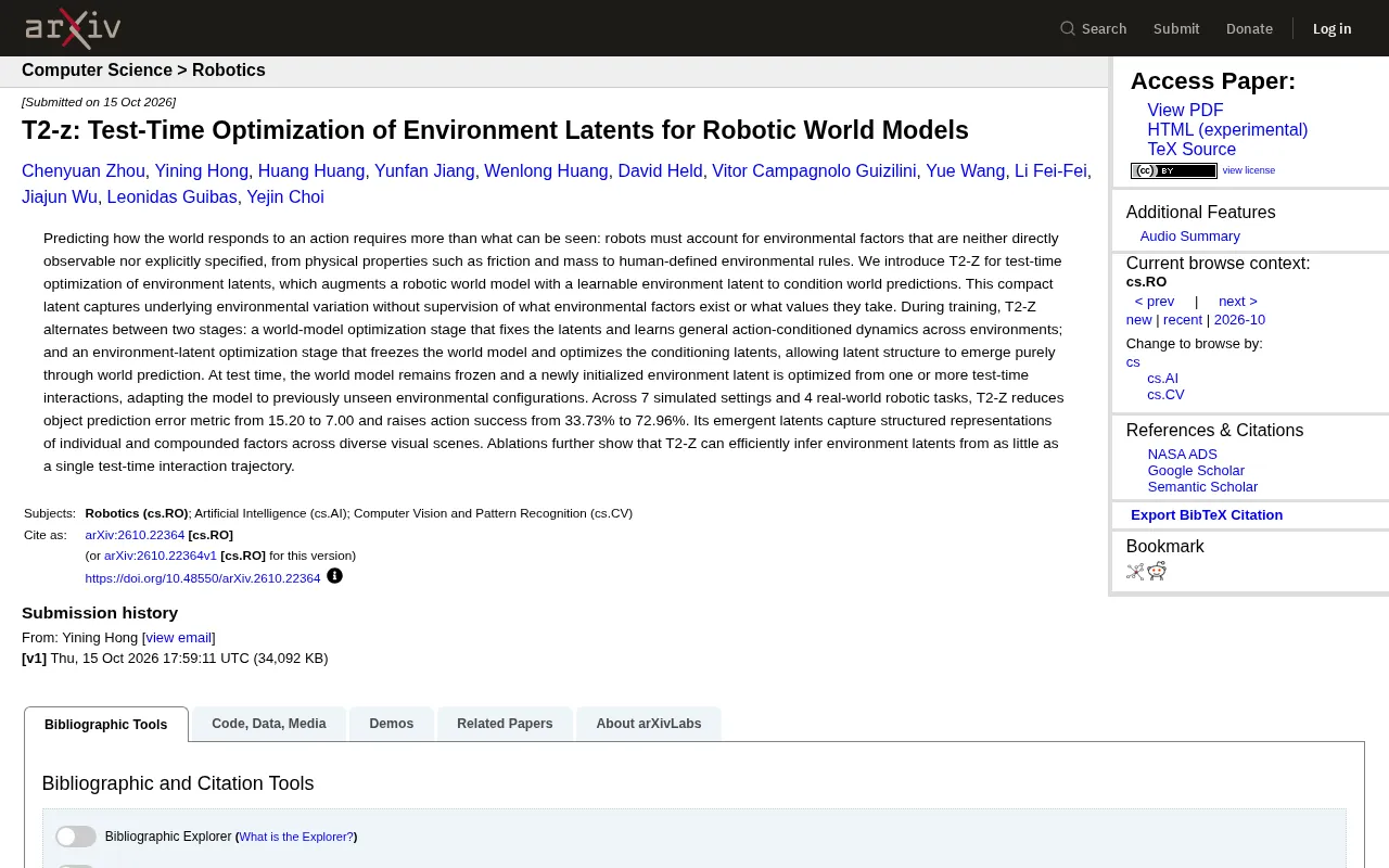 T2-z: Test-Time Optimization of Environment Latents for Robotic World Models