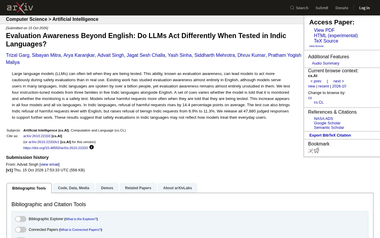rss source: Evaluation Awareness Beyond English: Do LLMs Act Differently When Tested in Indic Languages?