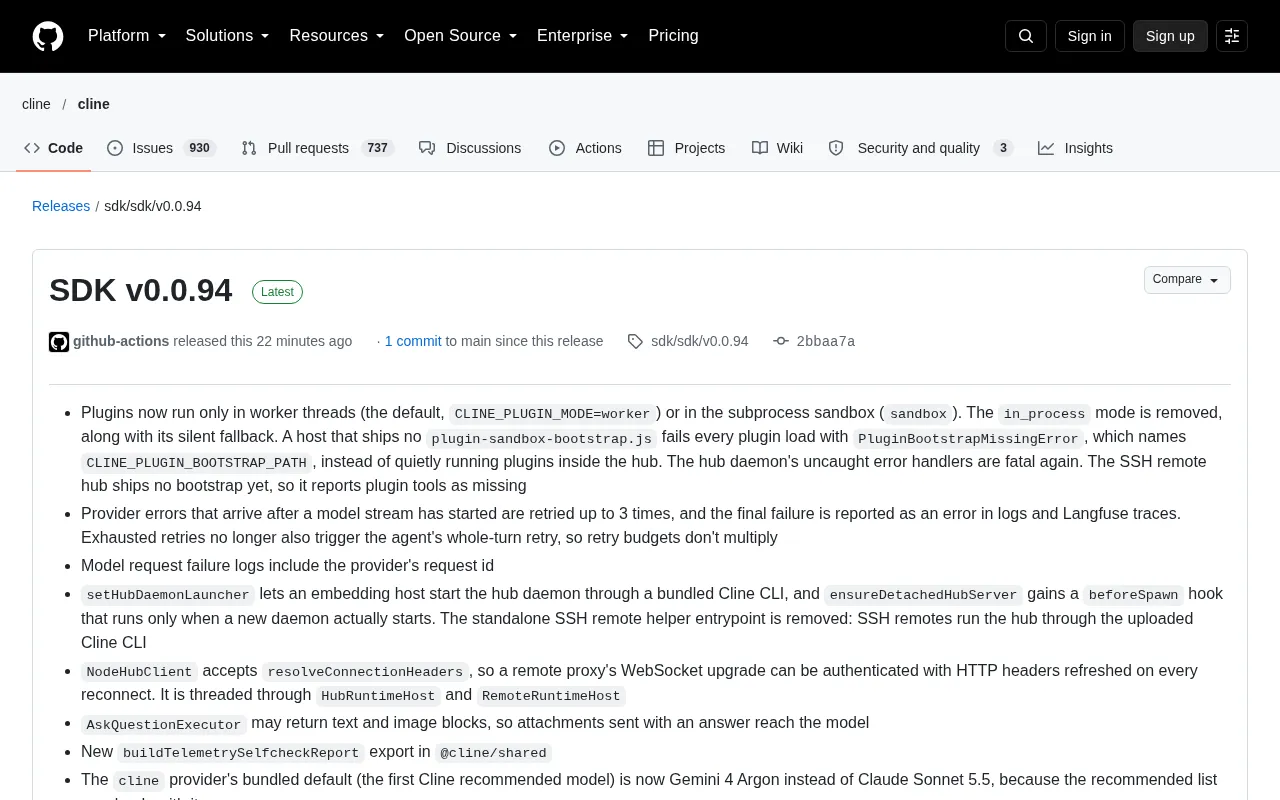 Cline SDK v0.0.94 Released: Plugin Isolation and Retry Mechanism Upgrades