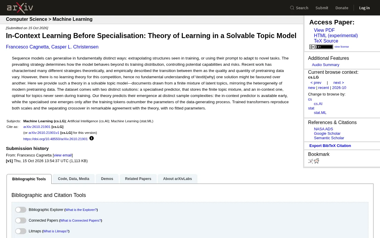 Solvable Topic Model Reveals Why In-Context Learning Emerges Before Specialisation