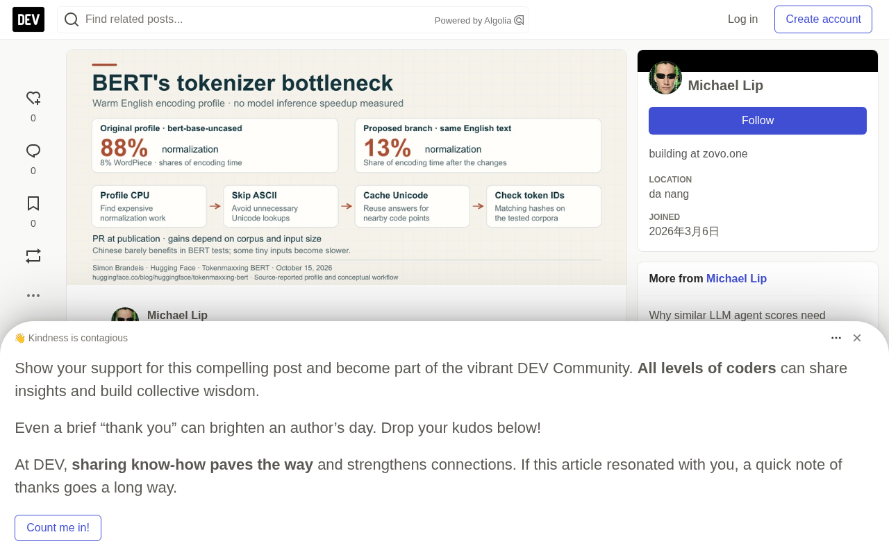 BERT Tokenization Bottleneck Moves Upstream: Normalization Swallows 88% of Encoding Time