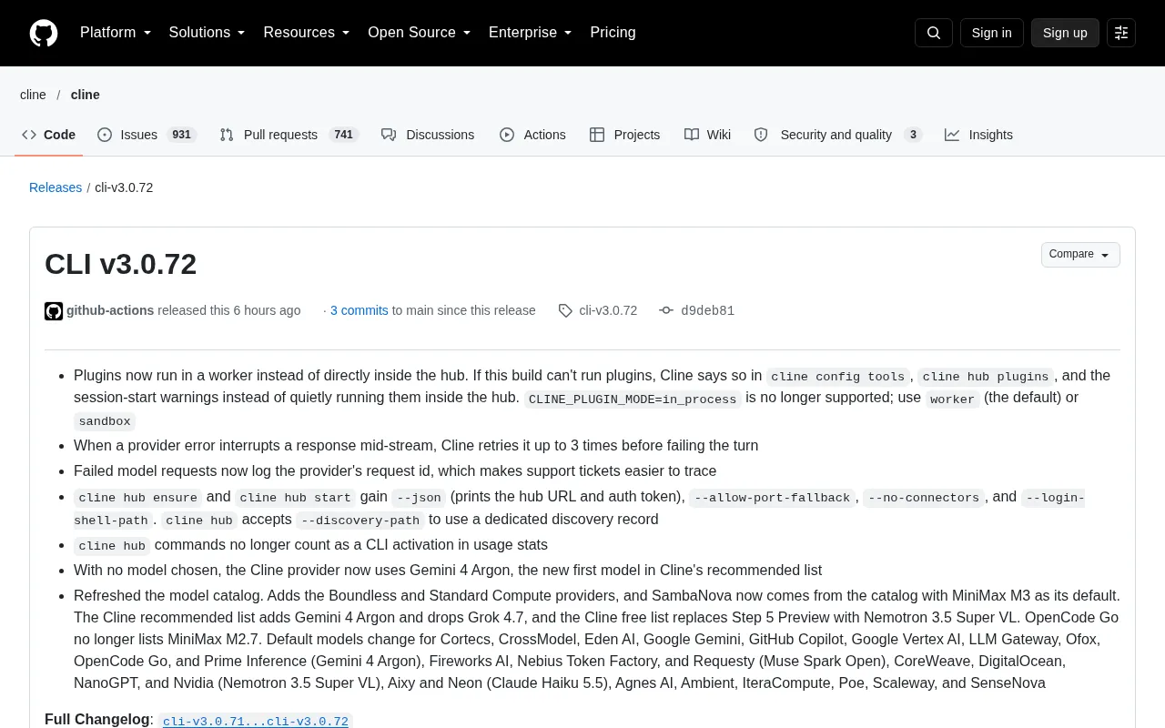 Cline CLI v3.0.72 发布:插件沙箱化与模型目录大更新