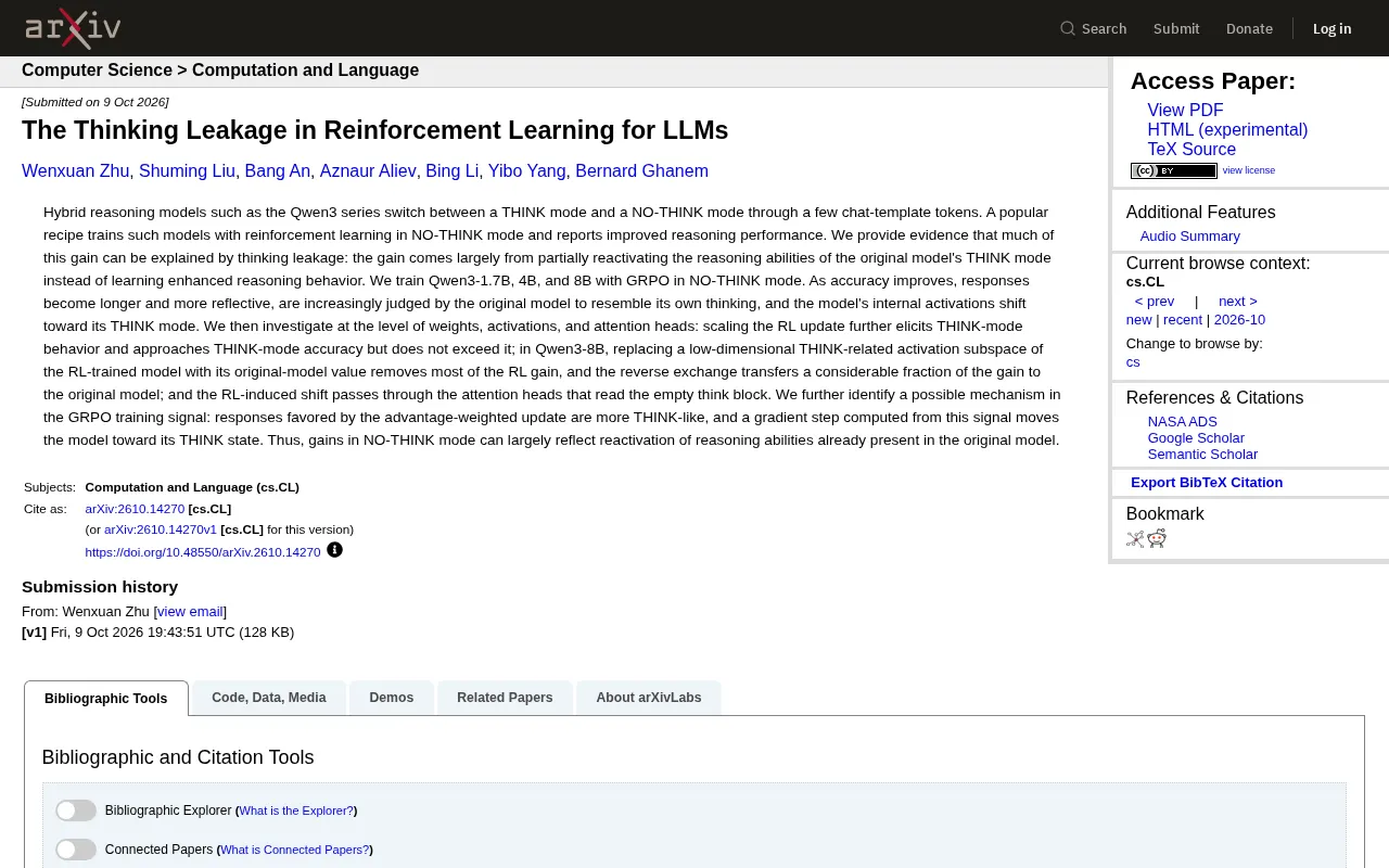 The Thinking Leakage Problem in LLM RL Training