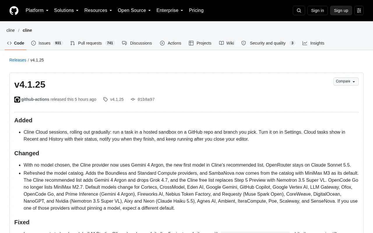 Cline v4.1.25 Released: Major Updates to Cloud Sandbox Tasks and Model Catalog