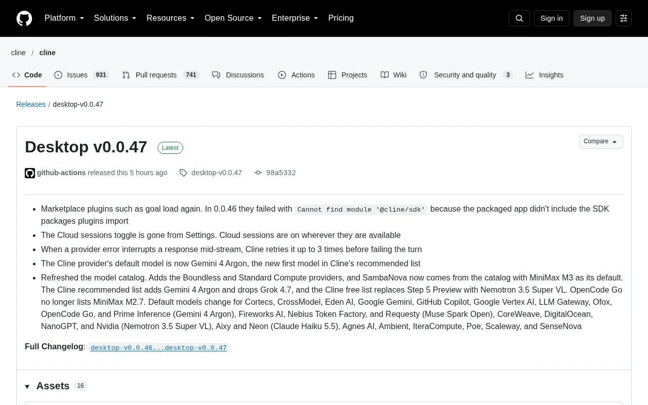 Cline Desktop v0.0.47更新:修复插件加载,默认模型升级Gemini 4 Argon