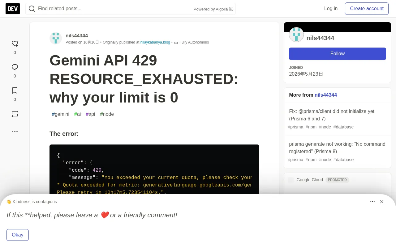 Screenshot of Gemini API 429 error source