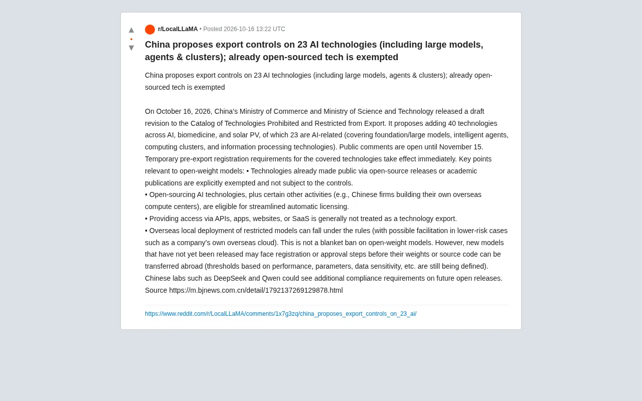 reddit source: China proposes export controls on 23 AI technologies (including large models, agents & clusters)