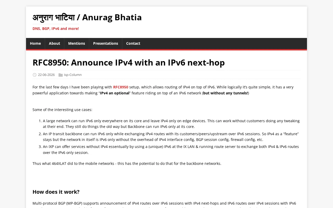 RFC 8950: Announcing IPv4 Routes with an IPv6 Next-Hop